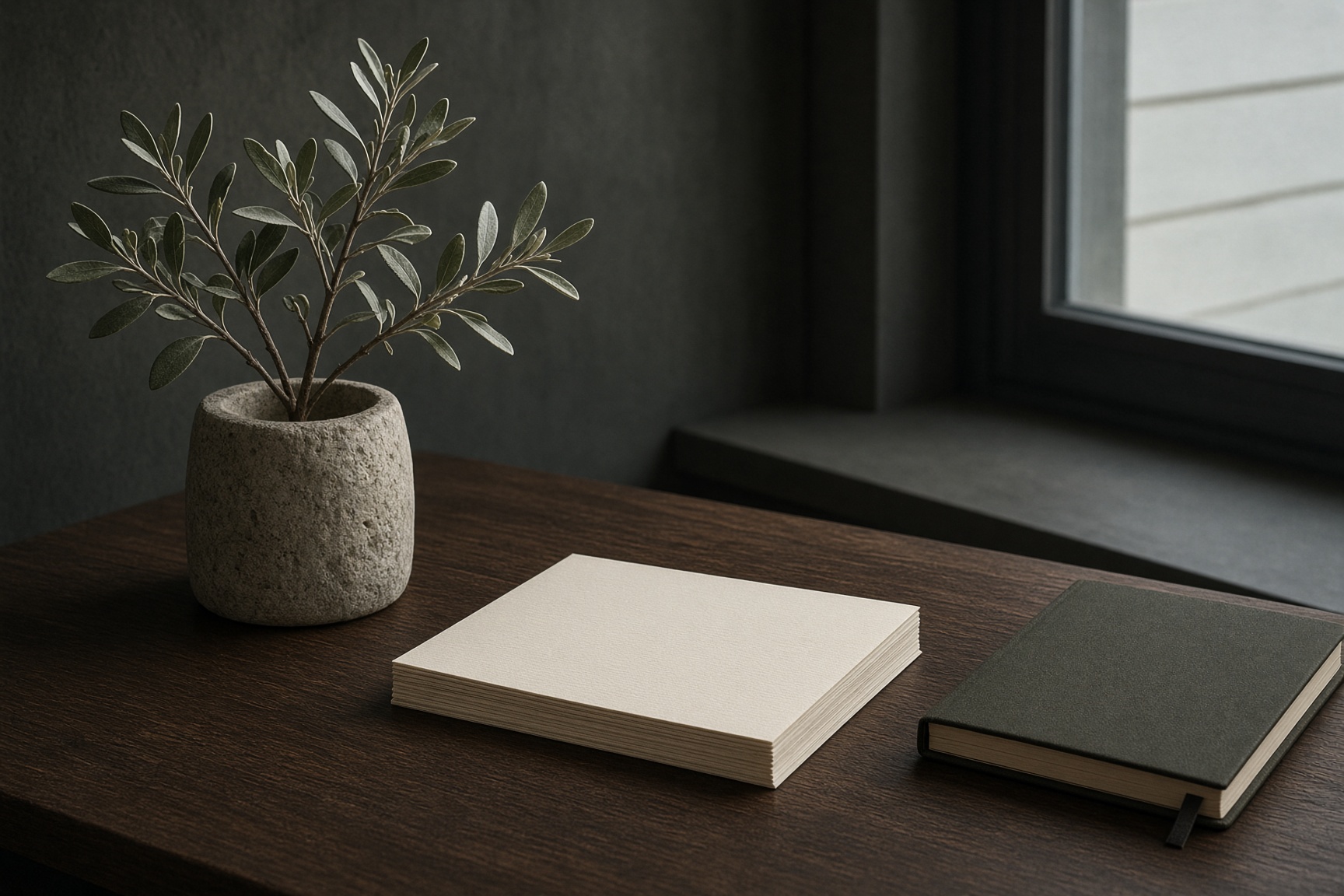 Studio desk with paper and sage